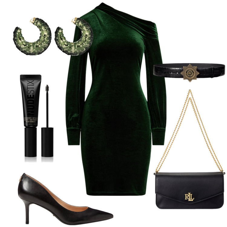Outfit donna - Il velluto elegante. Stile Chic per Cerimonia. Abbinamento con mascara, vestiti asimmetrici, décolleté, cinture, borse a spalla, orecchini.