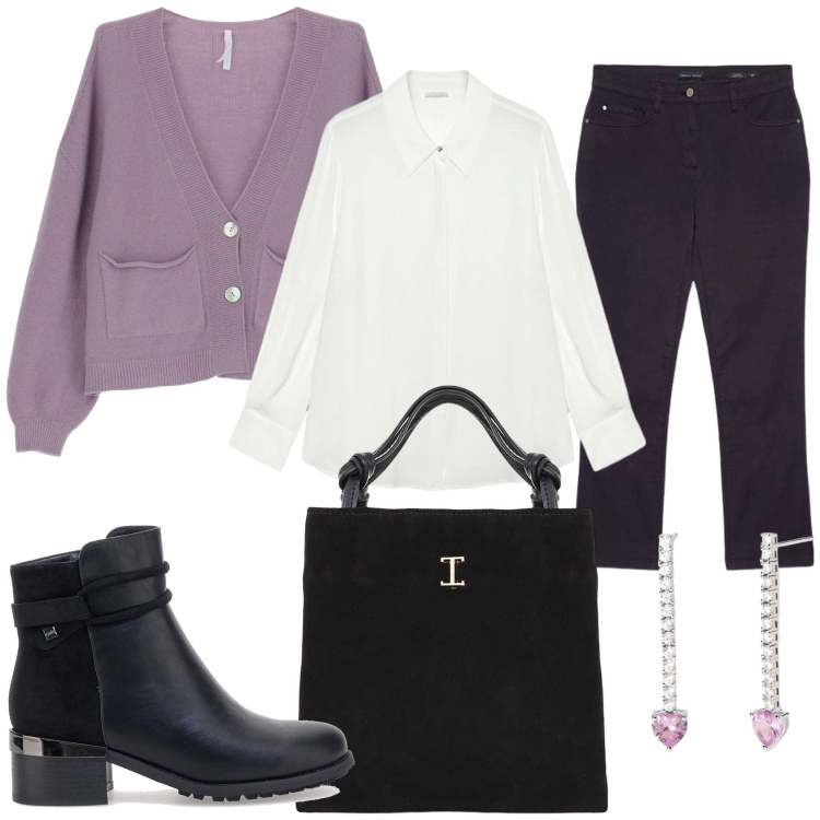 Outfit donna - Quel tocco di viola. Stile Trendy per Tutti i giorni. Abbinamento con orecchini, cardigans, shopping bag, stivaletti, camicie, pantaloni.