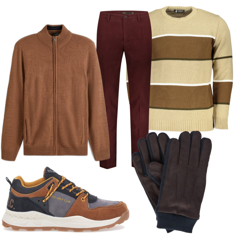 Outfit uomo - Total look #2016863. Stile Casual per Tutti i giorni. Abbinamento con cardigans, pantaloni, sneakers, maglieria, guanti.