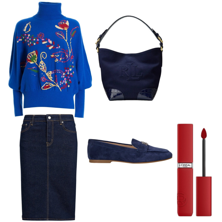 Outfit donna - I fiori sul maglione. Stile Casual chic per Tutti i giorni. Abbinamento con rossetti, maglieria, mocassini, gonne, borse a secchiello.