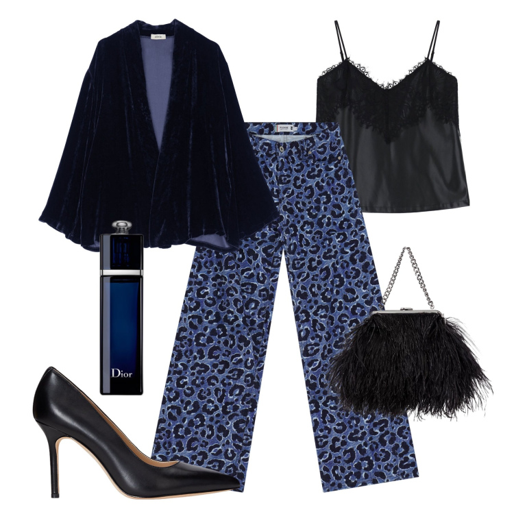 Outfit donna - Il blazer in velluto blu. Stile Glamour per Serata fuori. Abbinamento con profumi, jeans, top, décolleté, clutch, blazer.