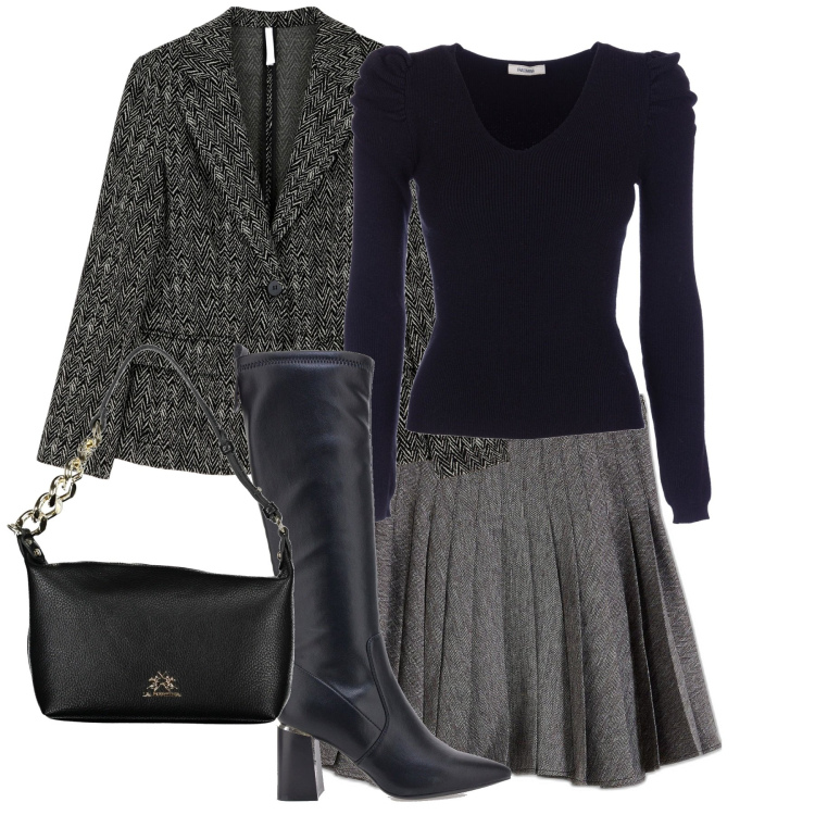 Outfit donna - City. Stile Trendy per Tutti i giorni. Abbinamento con minigonne, maglieria, blazer, stivali, borse a spalla.