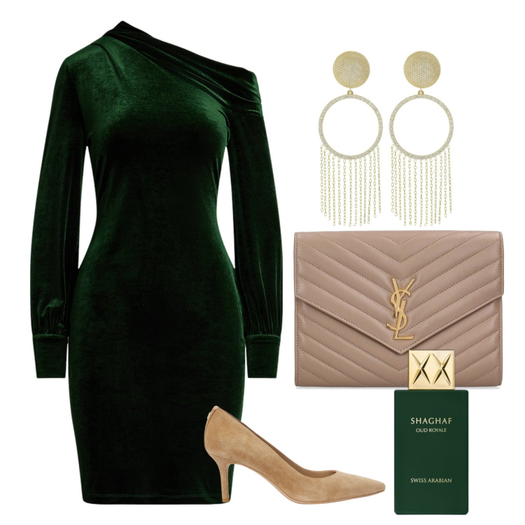 Outfit donna - Velvet elegance. Stile Glamour per Cerimonia. Abbinamento con profumi, vestiti asimmetrici, décolleté, pochette, orecchini.