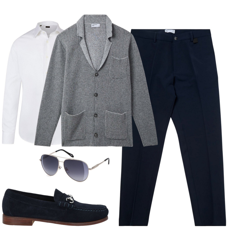 Outfit uomo - In ufficio. Stile Business/Elegante per Ufficio. Abbinamento con scarpe stringate, giacche, pantaloni chino, camicie, occhiali da sole.