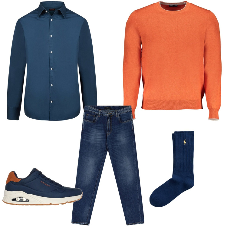 Outfit uomo - Cena di auguri con i colleghi. Stile Casual per Serata speciale. Abbinamento con jeans slim fit, calzini, sneakers, maglieria, camicie.