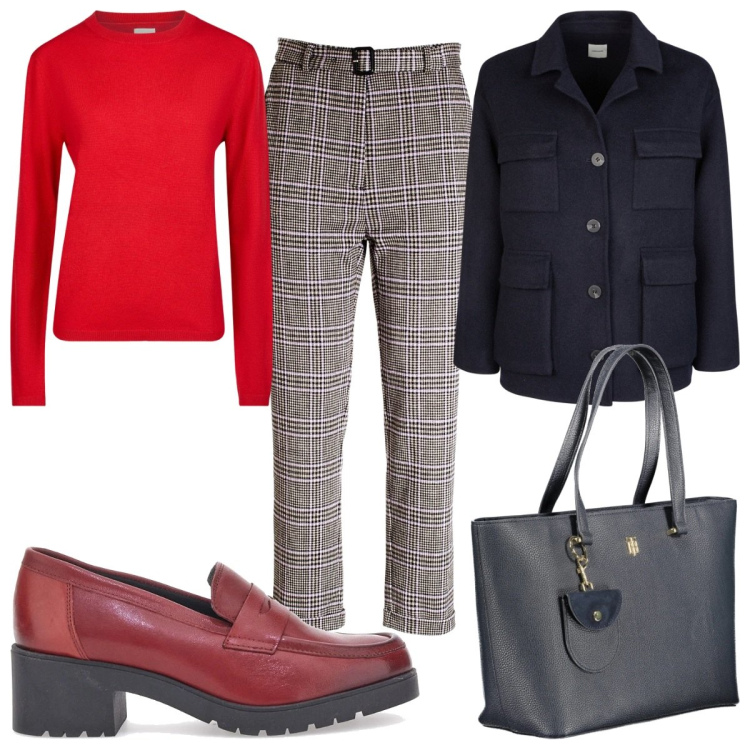 Outfit donna - Total look #2016919. Stile Trendy per Tutti i giorni. Abbinamento con pantaloni, mocassini, maglieria, cappotti, borse a spalla.