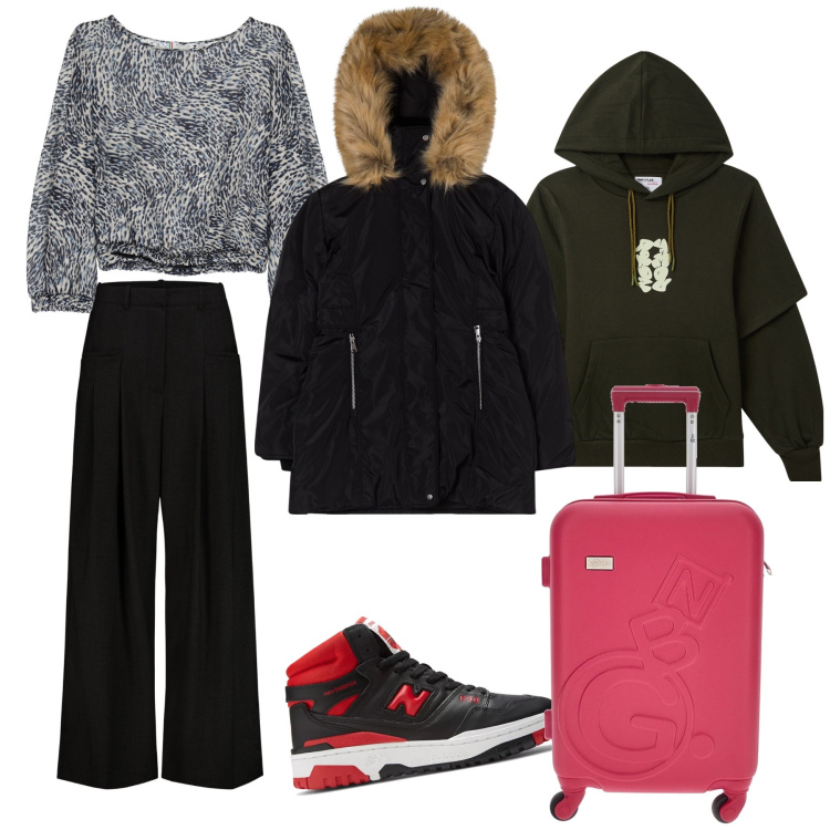 Outfit donna - Partenza. Stile Casual chic per Tutti i giorni. Abbinamento con felpe con cappuccio, parka, top, sneakers, pantaloni, valigie.
