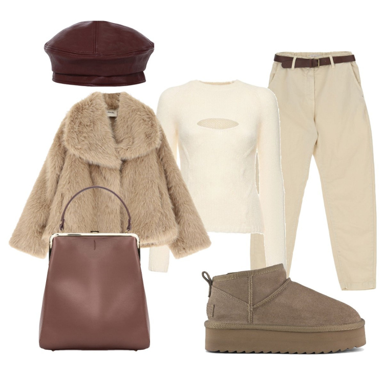 Outfit donna - Incentro con gli amici. Stile Trendy per Tutti i giorni. Abbinamento con pantaloni, ecopellicce, cappelli e berretti, stivaletti, borse a spalla, maglieria.