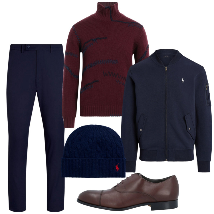 Outfit uomo - Classe in bomber. Stile Casual per Serata speciale. Abbinamento con scarpe stringate, maglieria, berretti, bomber, pantaloni.