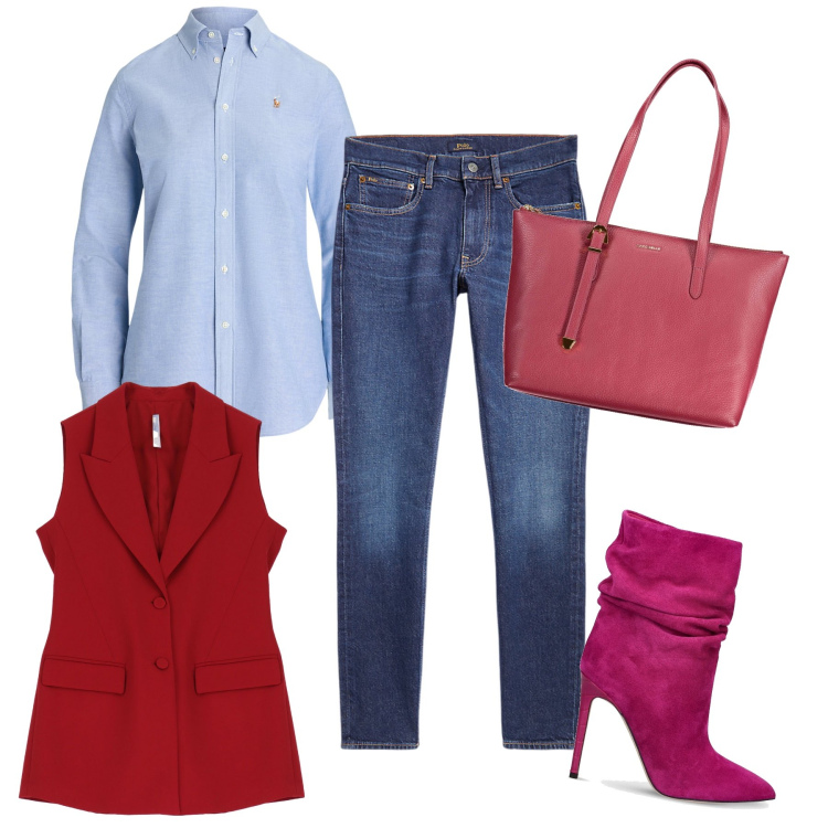 Outfit donna - Lei non lui. Stile Trendy per Tutti i giorni. Abbinamento con gilet, camicie, jeans slim fit, stivaletti, borse a spalla.