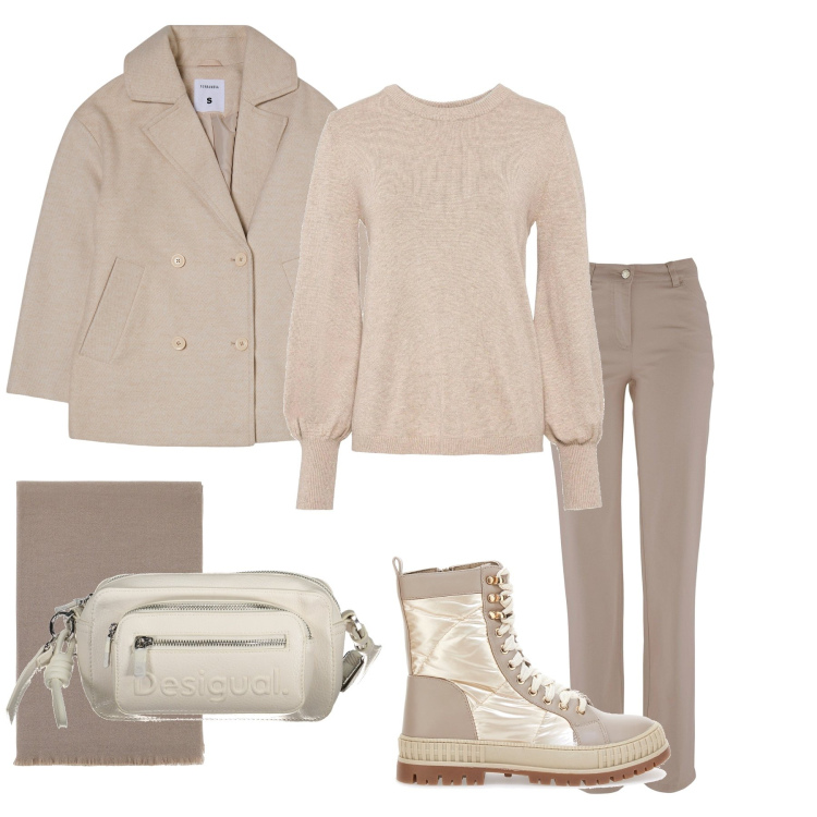 Outfit donna - Tono su tono. Stile Basic per Tutti i giorni. Abbinamento con maglieria, pantaloni, caban, sciarpe, stivaletti, borse a spalla.