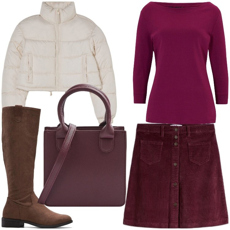 Outfit donna - Velluto burgundy. Stile Casual chic per Serata fuori. Abbinamento con maglieria, stivali, gonne, shopping bag, blazer.