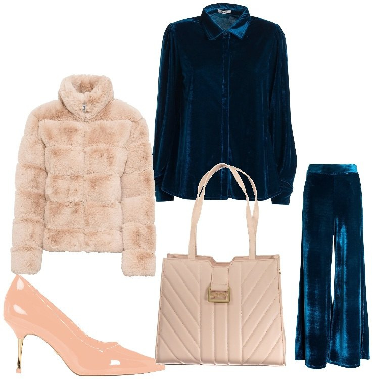 Outfit donna - Velluto da sera. Stile Chic per Serata fuori. Abbinamento con ecopellicce, décolleté, camicie, pantaloni a palazzo, borse a spalla.