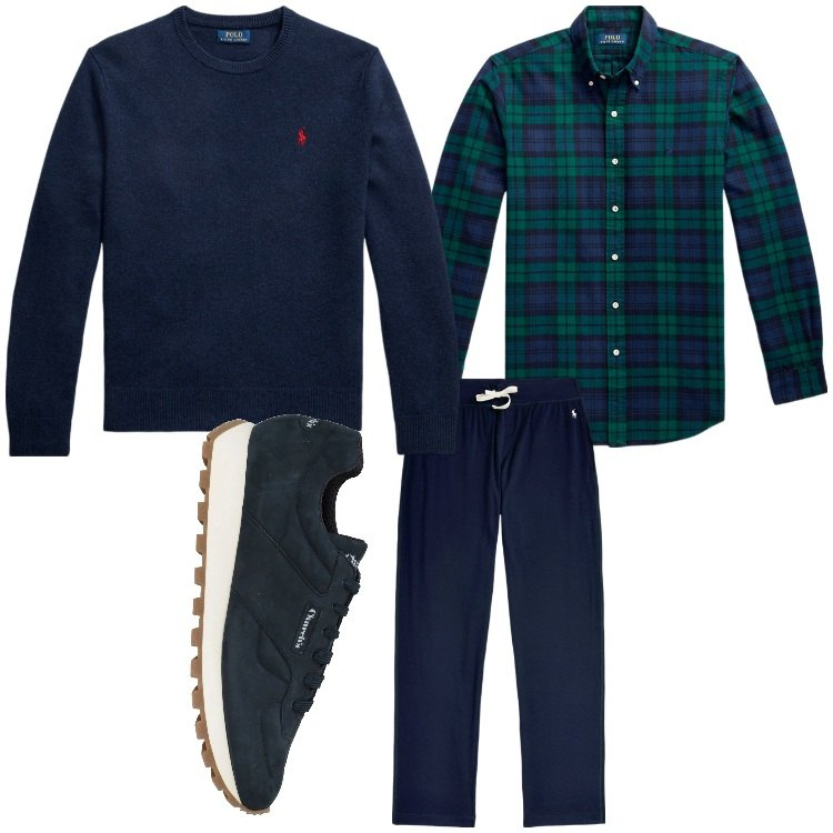 Outfit uomo - Quadretti in verde e blu. Stile Casual per Tutti i giorni. Abbinamento con sneakers, maglieria, camicie, pantaloni.