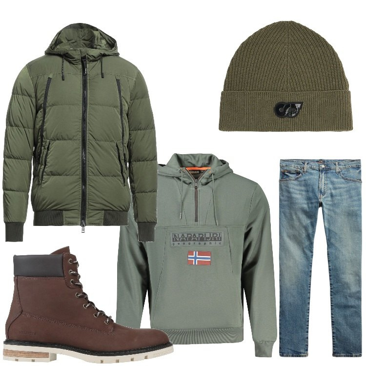 Outfit uomo - Passeggiata nel fine settimana. Stile Casual per Tutti i giorni. Abbinamento con stivali e stivaletti, piumini, jeans, berretti, felpe con cappuccio.