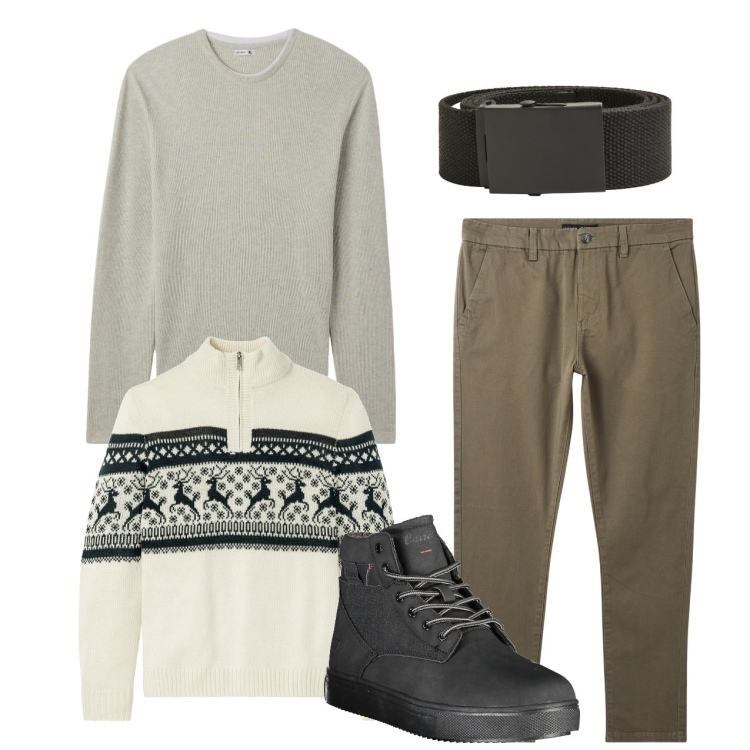 Outfit uomo - Bianco e oliva. Stile Casual per Tutti i giorni. Abbinamento con maglieria, maglieria, pantaloni chino, cinture, stivali.