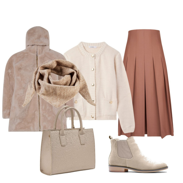 Outfit donna - In città. Stile Casual chic per Tutti i giorni. Abbinamento con stivaletti chelsea, foulard, ecopellicce, cardigans, shopping bag, gonne longuette.
