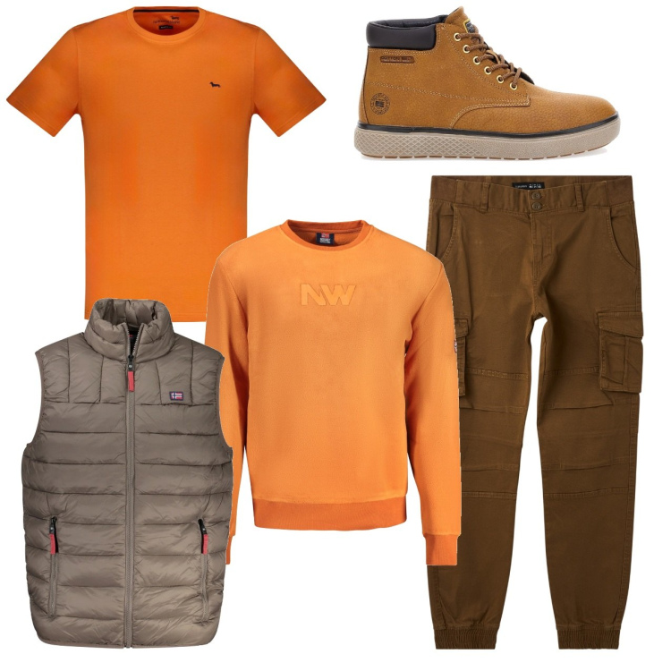 Outfit uomo - Un colore caldo. Stile Urban per Tutti i giorni. Abbinamento con pantaloni cargo, sneakers, felpe, t-shirt, giacche.