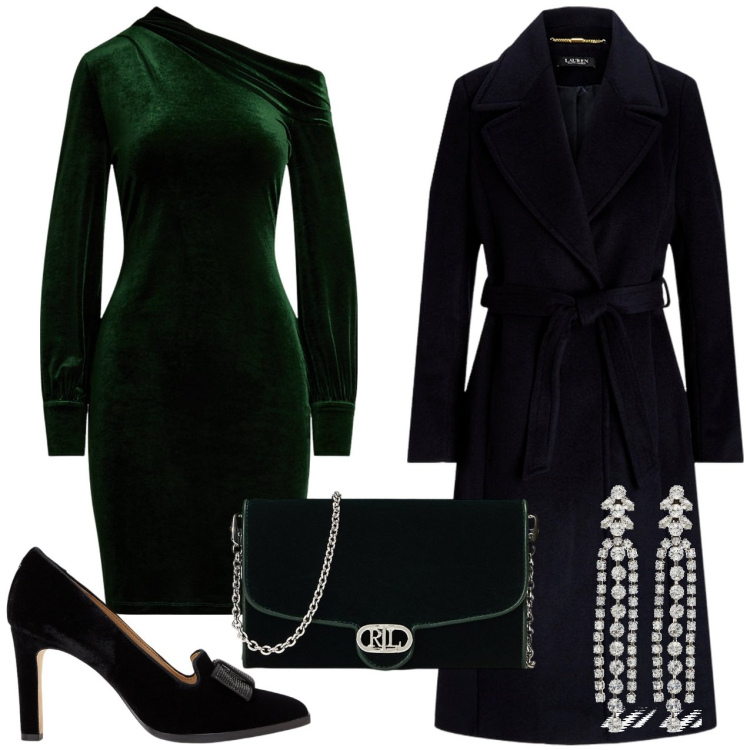 Outfit donna - Vestito monospalla velluto verde smeral. Stile Chic per Cerimonia. Abbinamento con cappotti, vestiti asimmetrici, décolleté, borse a tracolla, orecchini.