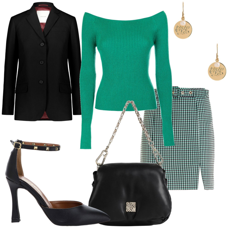 Outfit donna - In ogni momento della giornata. Stile Casual chic per Tutti i giorni. Abbinamento con borse a mano, maglieria, gonne, décolleté, orecchini, blazer.