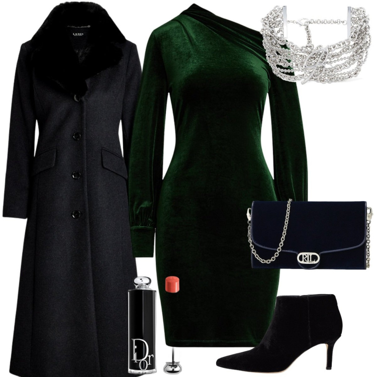 Outfit donna - Il vestito monospalla di velluto verde. Stile Chic per Serata fuori. Abbinamento con rossetti, cappotti, vestiti asimmetrici, borse a tracolla, stivaletti, collane.
