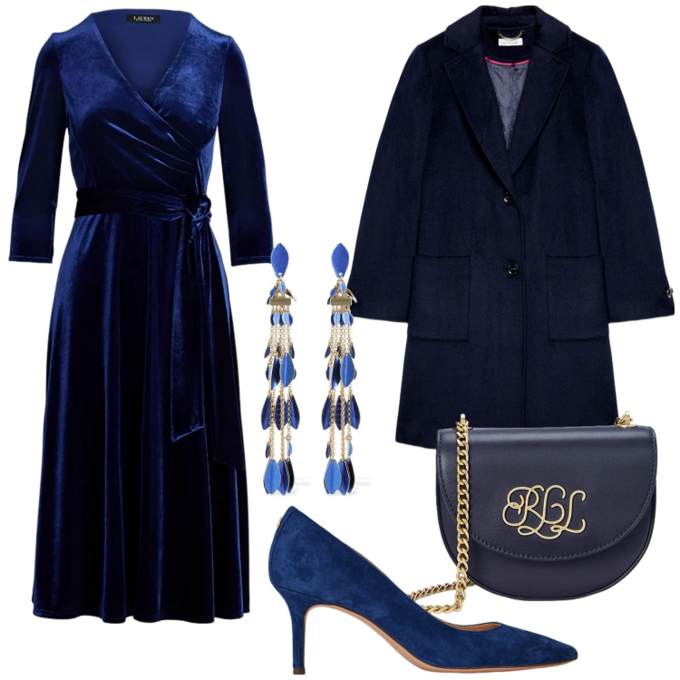 Outfit donna - Velluto blu. Stile Chic per Cerimonia. Abbinamento con borse a tracolla, vestiti, décolleté, cappotti, orecchini.