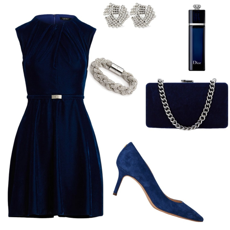 Outfit donna - Dior. Stile Bon Ton per Serata fuori. Abbinamento con profumi, décolleté, vestiti, clutch, braccialetti, orecchini.