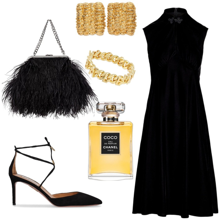 Outfit donna - Chanel. Stile Bon Ton per Serata fuori. Abbinamento con profumi, vestiti, clutch, braccialetti, orecchini, décolleté.