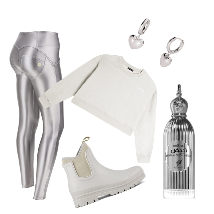 Outfit donna - Effetto metallico. Stile Sporty chic per Scuola/Università. Abbinamento con profumi, orecchini, pantaloni skinny, felpe, stivali.