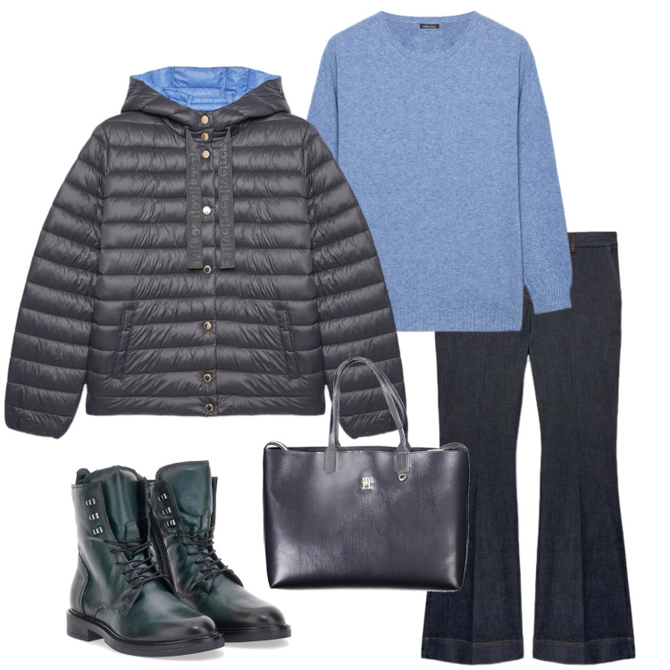 Outfit donna - In città. Stile Casual per Ufficio. Abbinamento con anfibi, jeans a zampa, piumini, maglieria, borse a spalla.