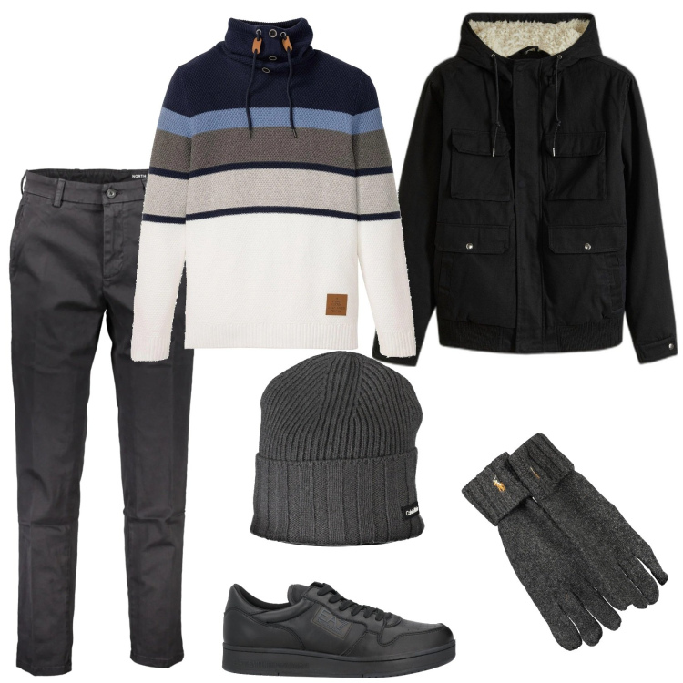 Outfit uomo - Shopping in centro per Natale. Stile Casual per Tutti i giorni. Abbinamento con maglieria, piumini, sneakers, guanti, pantaloni, berretti.
