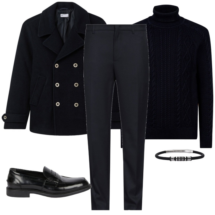Outfit uomo - Man. Stile Business/Elegante per Ufficio. Abbinamento con pantaloni, cappotti, braccialetti, scarpe stringate, maglieria.