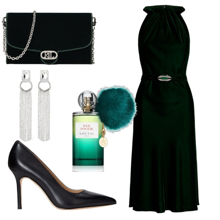 Outfit donna - Goutal. Stile Glamour per Serata fuori. Abbinamento con profumi, décolleté, borse a tracolla, vestiti, orecchini.