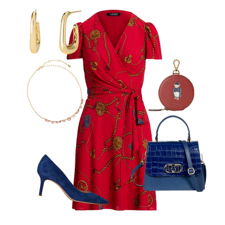 Outfit donna - Chic in rosso. Stile Chic per Serata fuori. Abbinamento con orecchini, borse a mano, portamonete, décolleté, vestiti, collane.