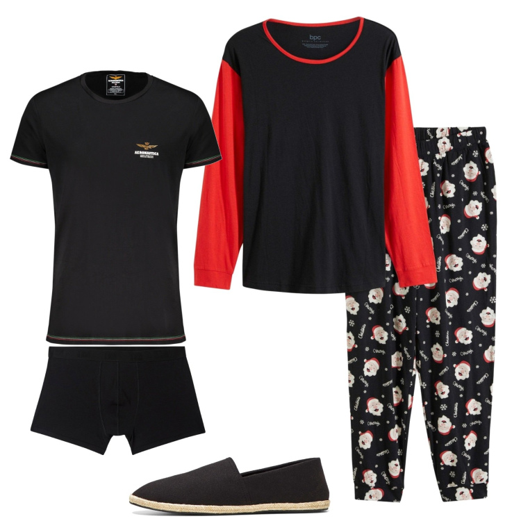 Outfit uomo - Vigilia di Natale in pigiama!. Stile Casual per Tutti i giorni. Abbinamento con espadrillas, abbigliamento da notte, boxer, magliette intime, pantaloni corti.