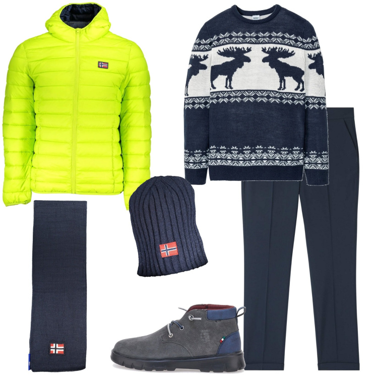 Outfit uomo - Norvegian Style. Stile Casual per Tutti i giorni. Abbinamento con maglieria, pantaloni chino, scarpe stringate, berretti, sciarpe, giacche.