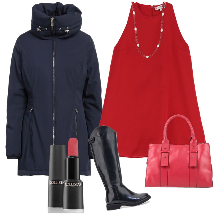 Outfit donna - Serata di neve. Stile Urban per Serata fuori. Abbinamento con piumini, borse a mano, rossetti, collane, vestiti corti, stivali.