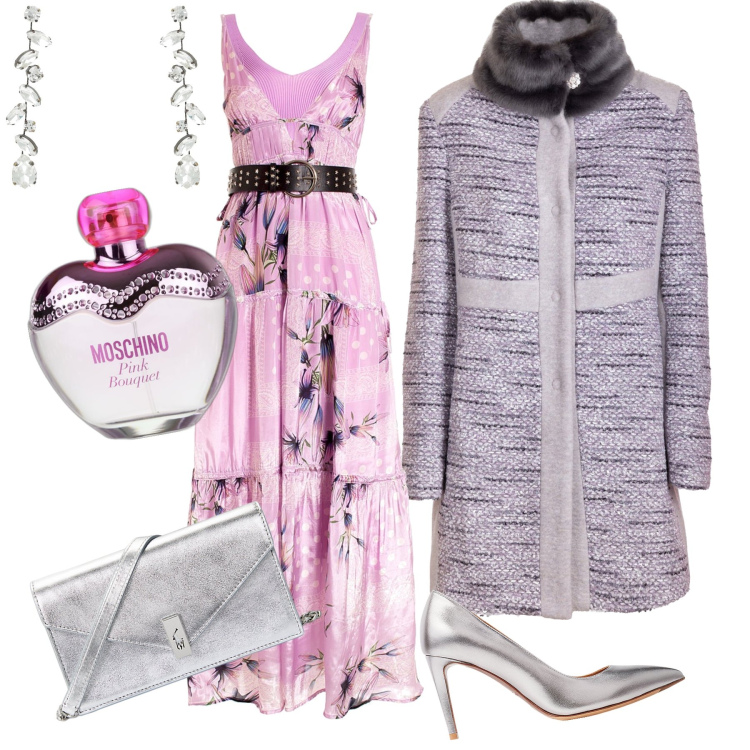 Outfit donna - Invitata d inverno. Stile Glamour per Cerimonia. Abbinamento con orecchini, profumi, vestiti lunghi, cappotti, décolleté, clutch.