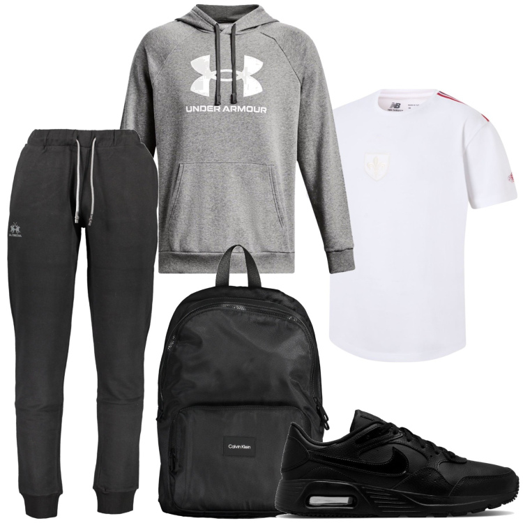 Outfit uomo - Al circolo di tennis. Stile Casual per Sport. Abbinamento con t-shirt, felpe con cappuccio, sneakers, pantaloni, borse sportive.
