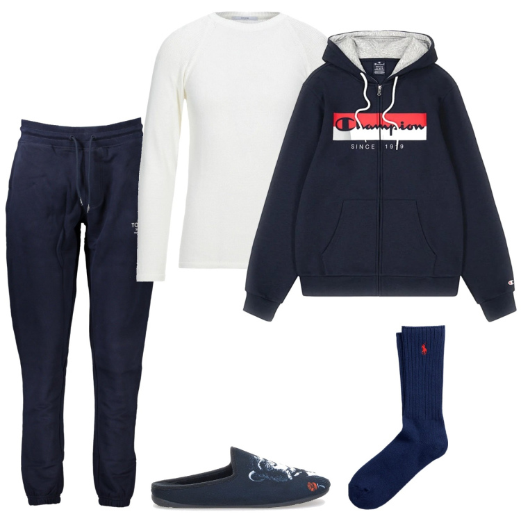 Outfit uomo - Sabato sera al caldo. Stile Casual per Tutti i giorni. Abbinamento con pullovers, calzini, felpe con cappuccio, pantofole, pantaloni.