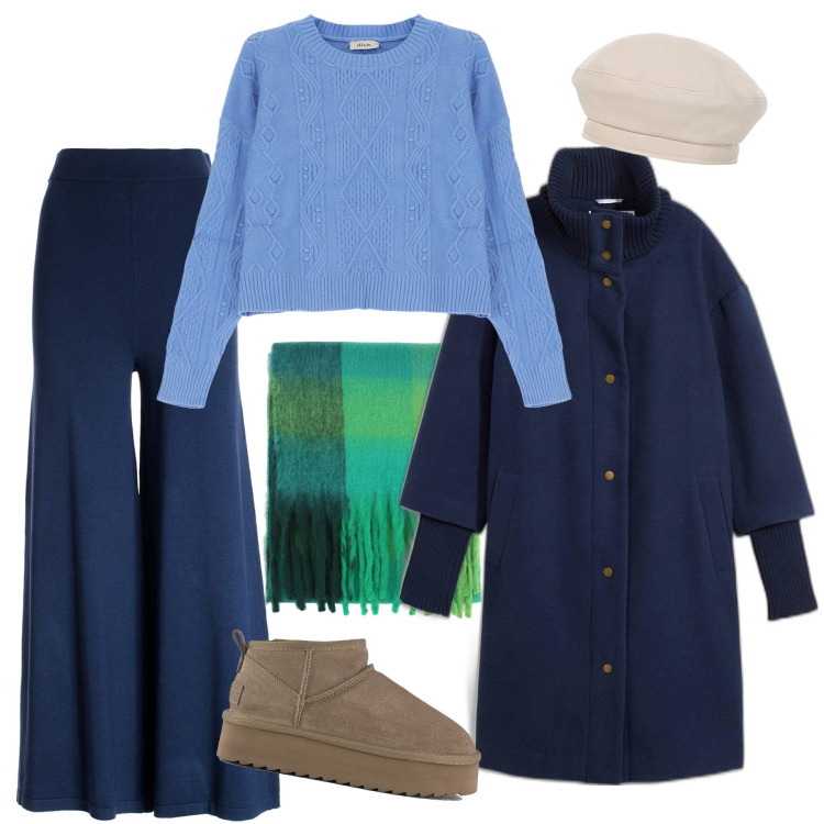 Outfit donna - Aria natalizia. Stile Casual per Tutti i giorni. Abbinamento con cappotti, pantaloni, pullovers, cappelli e berretti, stole, stivaletti.
