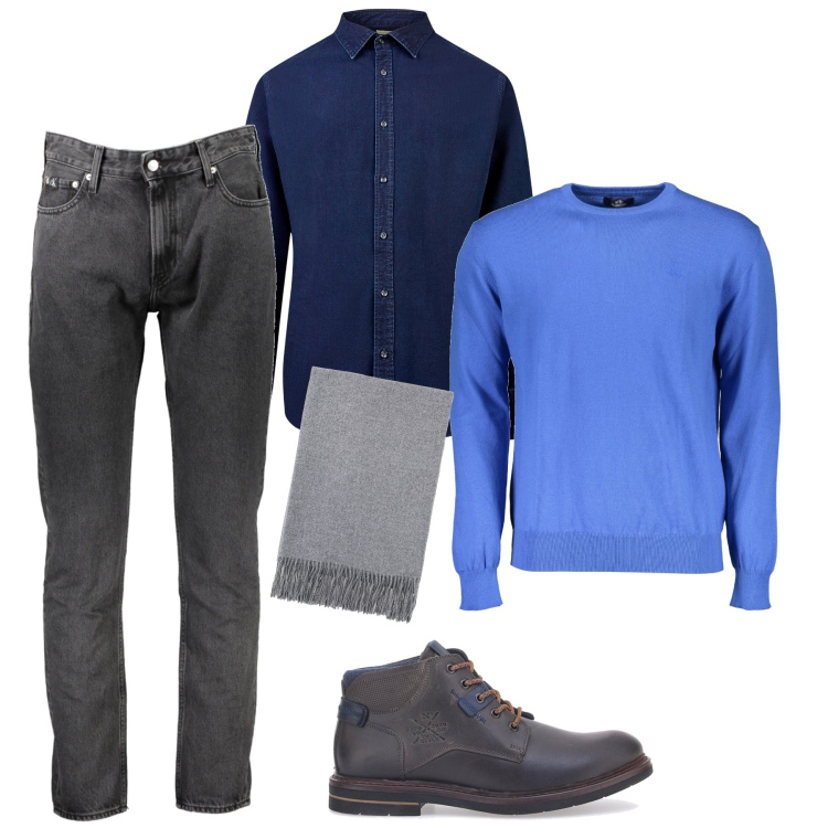 Outfit uomo - I toni del blu con il grigio. Stile Casual per Tutti i giorni. Abbinamento con sciarpe, stivali e stivaletti, jeans, maglieria, camicie.