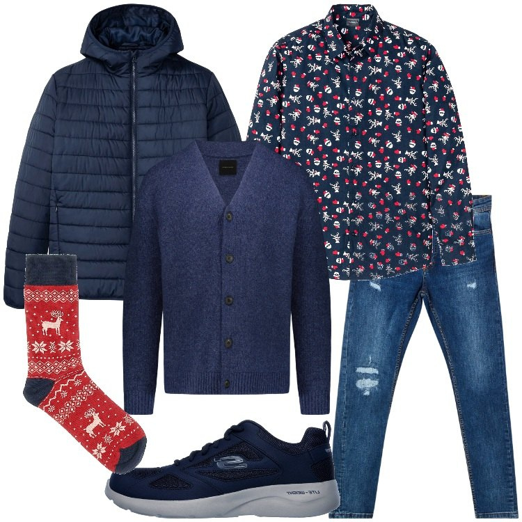 Outfit uomo - Un Natale in famiglia. Stile Casual per Serata speciale. Abbinamento con camicie, giacche, jeans strappati, cardigans, calzini, sneakers.
