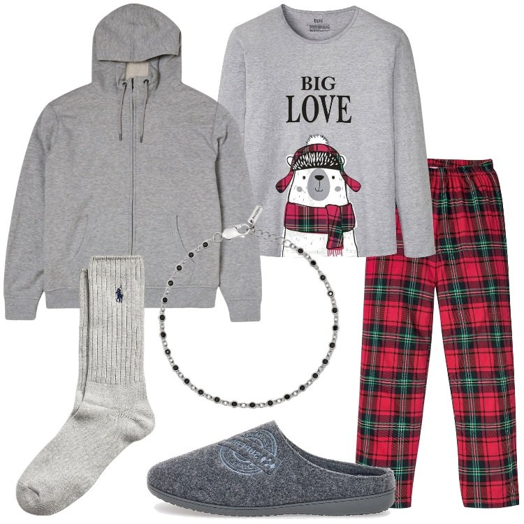 Outfit uomo - Homewear in stile natalizio. Stile Casual per Tutti i giorni. Abbinamento con abbigliamento da notte, felpe con cappuccio, braccialetti, calzini, pantofole.