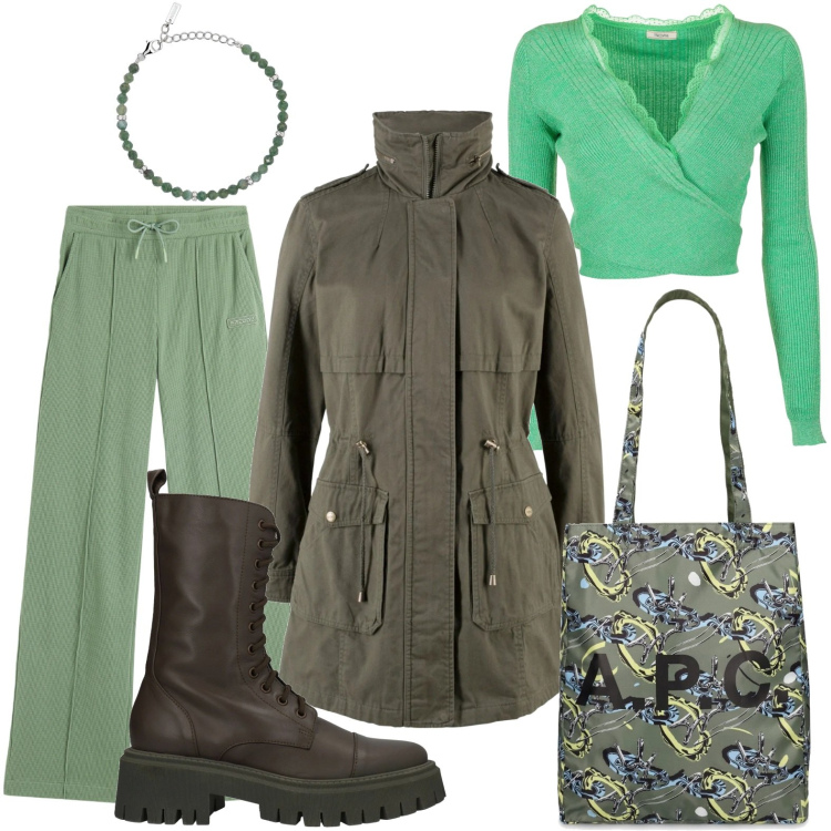 Outfit donna - Attraente con il parka. Stile Glamour per Tutti i giorni. Abbinamento con parka, stivaletti, braccialetti, maglieria, pantaloni, shopping bag.