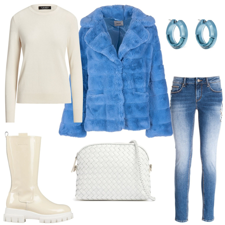 Outfit donna - Gli stivali bianco avorio. Stile Glamour per Tutti i giorni. Abbinamento con stivali, blazer, jeans skinny, maglieria, borse a spalla, orecchini.