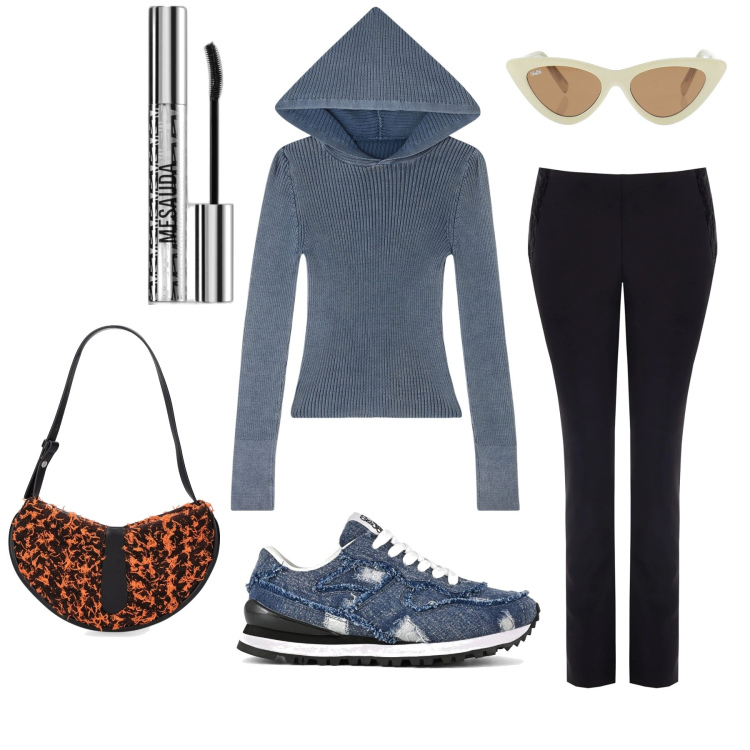 Outfit donna - Basic sportivo. Stile Basic per Tutti i giorni. Abbinamento con occhiali da sole, t-shirt sportive, pantaloni, mascara, scarpe sportive, borse a spalla.