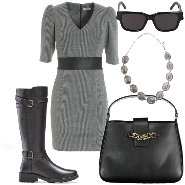 Outfit donna - Abito slim mini in fantasia geometrica. Stile Urban per Tutti i giorni. Abbinamento con stivali, cinture, vestiti, borse a spalla, occhiali da sole.