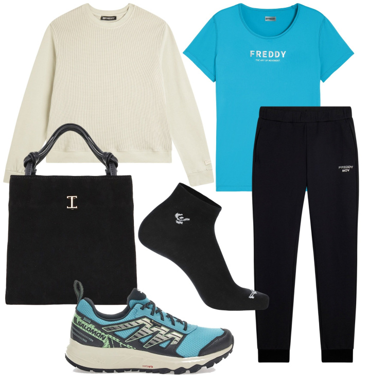 Outfit donna - L\'insegnante di fitness. Stile Basic per Sport. Abbinamento con shopping bag, calzini, felpe, t-shirt sportive, pantaloni sportivi, scarpe sportive.