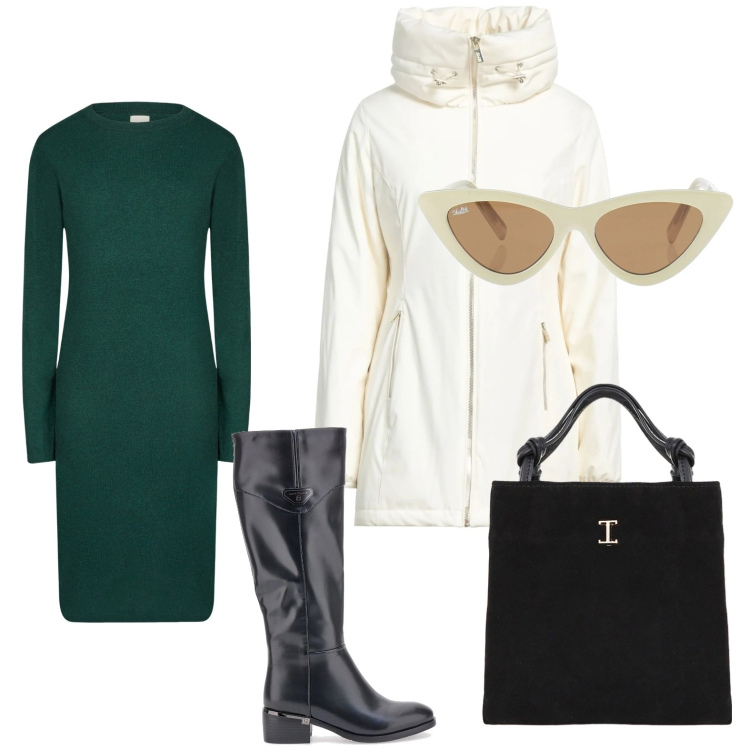 Outfit donna - Il piumino imbottito. Stile Trendy per Ufficio. Abbinamento con piumini, occhiali da sole, shopping bag, vestiti midi/longuette, stivali.